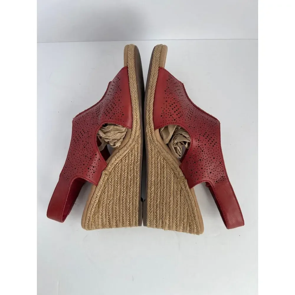 Clarks Collection Lafley Rosen Red Leather Espadrille Wedge Sandals Size 8